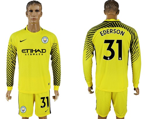 Manchester City #31 Ederson Yellow Goalkeeper Long Sleeves Soccer Club Jersey - Click Image to Close